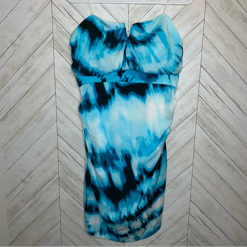 Le Chateau Strapless Blue Tie-Dye Dress